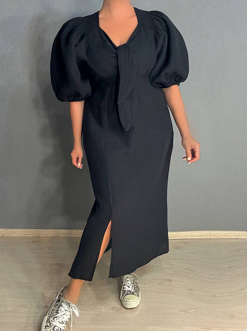 Платье женское MIX RAY 4196 длинное с разрезом узел на груди из муслина черное, черный, S Киев - изображение 16