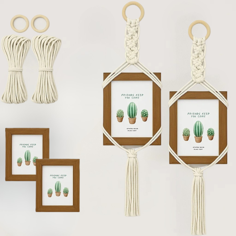 Набор макраме для ручного вязания 2 шт настеных подвязок с рамками для фото и картин размер 11х15 см,белый Каменец-Подольский - изображение 1