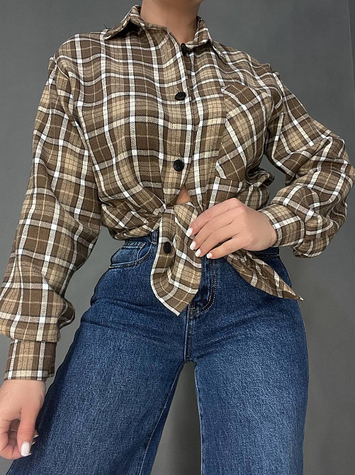 Сорочка жіноча Ariadna 2433 оверсайз подовжена картата тонка фланель в клітинку на гудзиках one size, світло-коричневий, one size Київ - фото 16