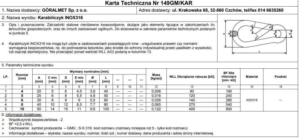 Карабін "GoralMet" з нержавіючої кислотостійкої сталі AISI 316 діаметром 8 мм довжиною  80 мм Киев - изображение 3