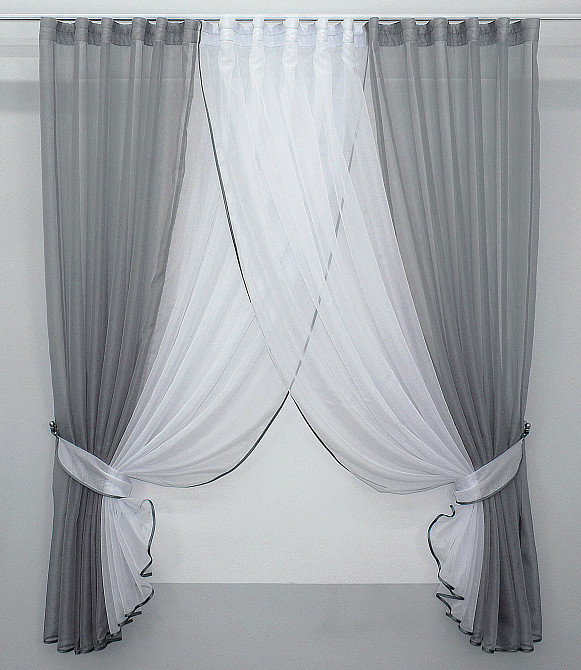 Кухонные шторки VR-Textil № 096к с подвязками графитовый с белым 400х170 см (50-672) Киев - изображение 1