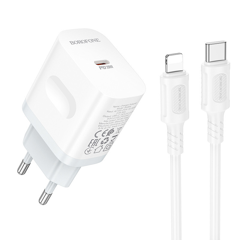 Мережевий зарядний пристрій з кабелем BOROFONE BA99A Breeze single port PD20W charger set(C to iP) White Одеса - фото 1