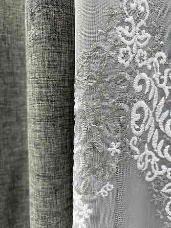 Комплект штор VR-Textil Лен ALORA-TON 150х270 2шт и Тюль 400х270 1871ш-1708т Серый с белым 71-203/3 Киев
