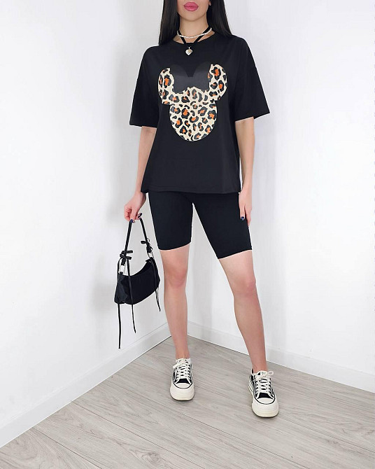 Женский летний костюм двойка: футболка с микки маусом и велосипедки турецкий кулир Черный, 42/44 Одесса - изображение 3