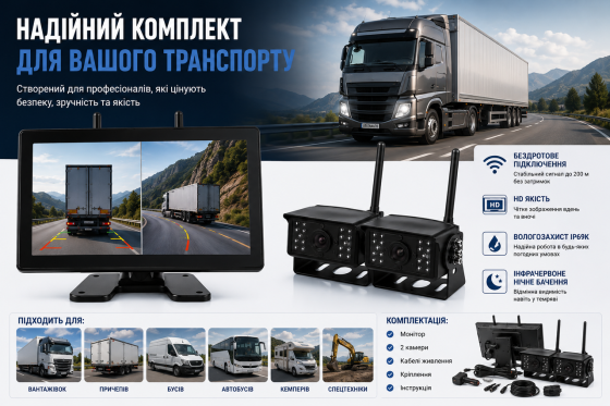 Бездротова система паркування GREENAUTO: 11" IPS монітор + камера 1080P FHD 170°, IP69K, ІЧ-нічне бачення Київ
