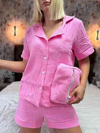 Женская пижама двойка + косметичка из натуральной ткани муслин Барби, 46/48 Одесса