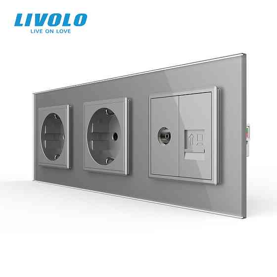 LIVOLO Розетка тримісна комбінована Силова Інтернет ТБ Livolo сірий скло (VL-C7C2EU1C1V-15) Коломия