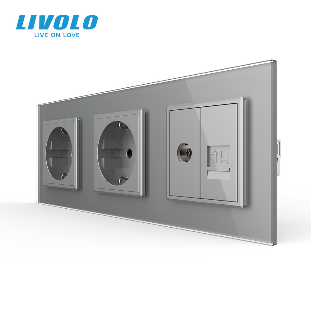 LIVOLO Розетка тримісна комбінована Силова Інтернет ТБ Livolo сірий скло (VL-C7C2EU1C1V-15) Коломия - фото 1