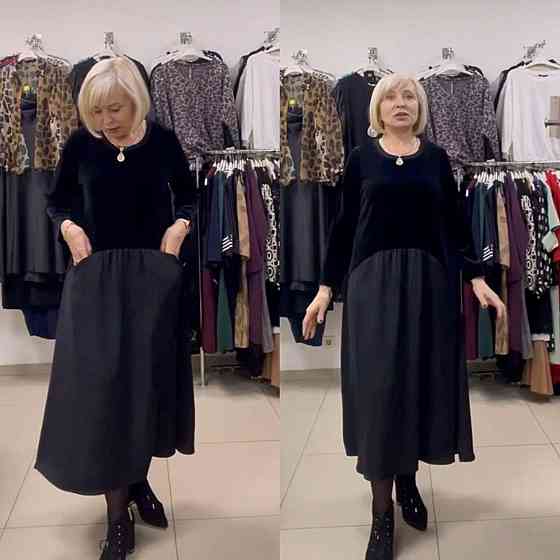 Жіноче стильне плаття батал вільного крою з кишенями дабл шовк + королівський велюр 60/64 Одеса