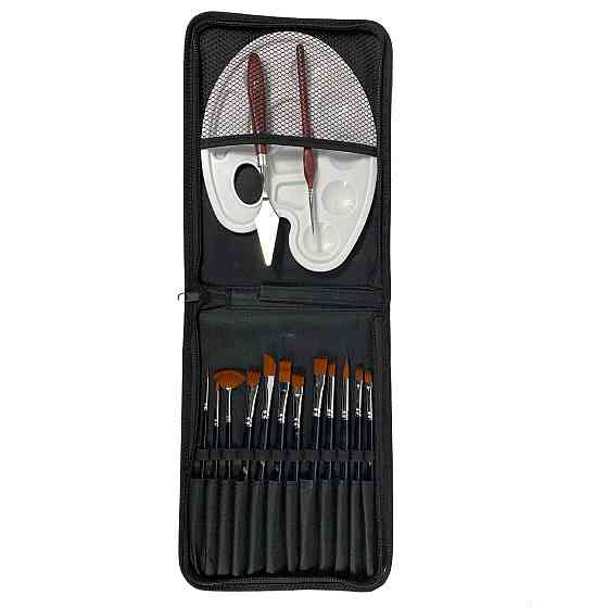 Набір професійних нейлонових пензлів з палітрою та мастихіном в чорному пеналі, 15 шт Кам'янець-Подільський