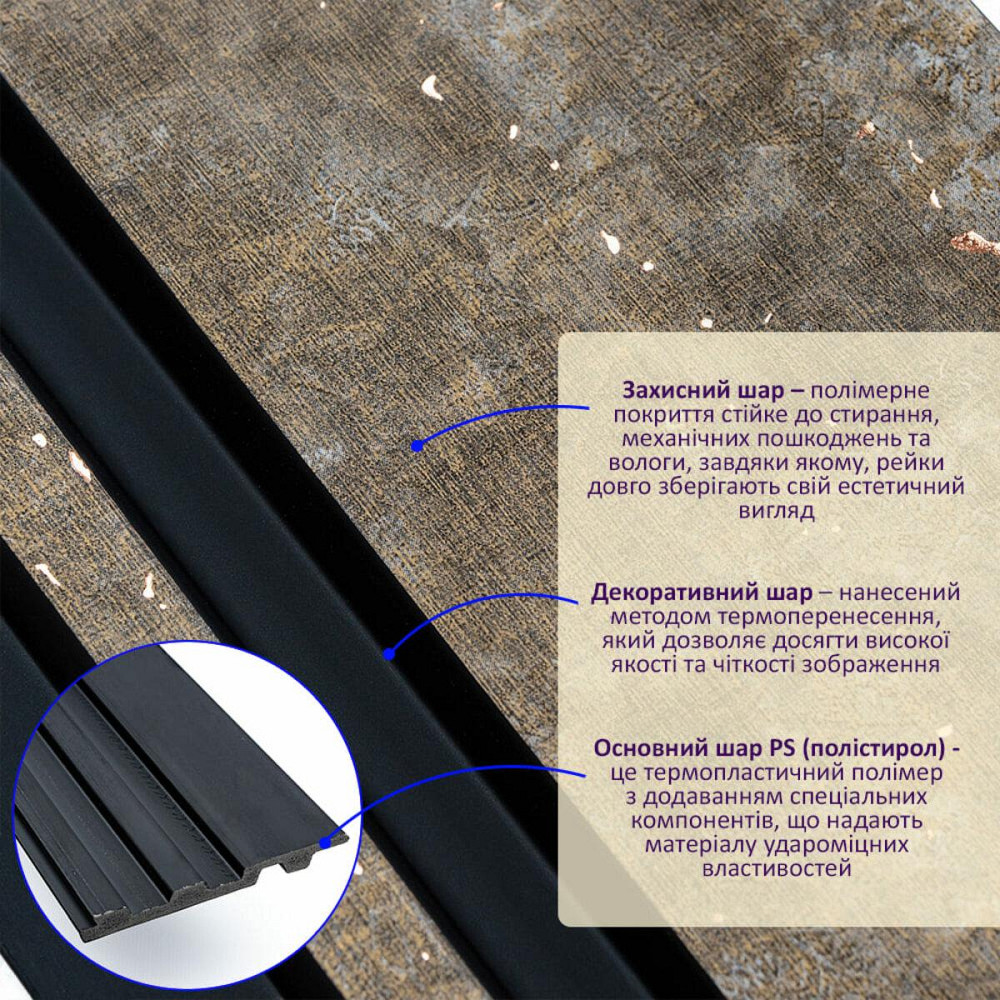 Рейка декоративная PS 2900х120х12мм Серо-коричневый с золотыми вкраплениями SW-00002138 Днепр - изображение 2