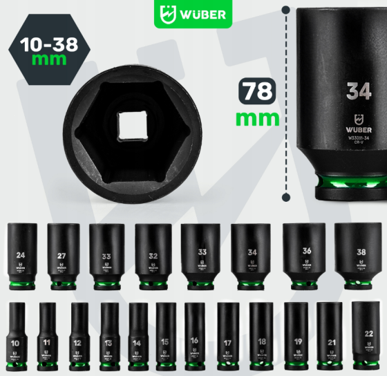Набір ударних торцевих головок 1/2» 10-38 мм Wuber 20 шт. (Польща) Київ