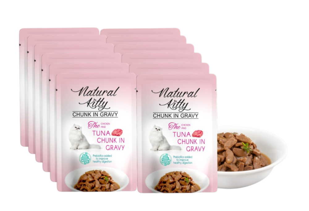 Полноценный влажный корм Natural Kitty Chunk in Gravy для кошек кусочки курицы и тунца в соусе, 85 г (блок 24 шт × 85 г) Винница - изображение 1