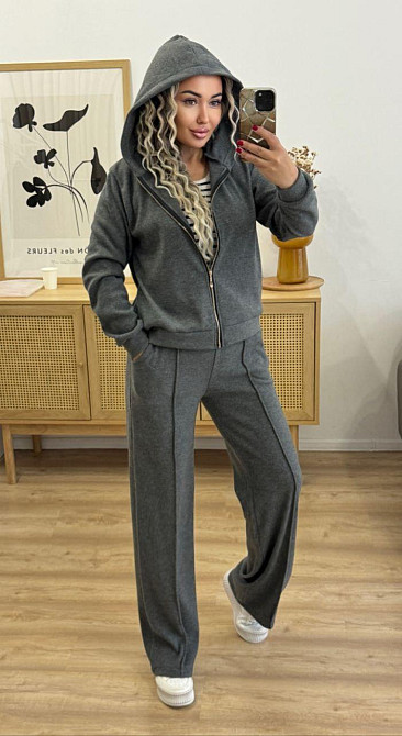 Женский теплый прогулочный костюм двойка: кофта и штаны вязка на трикотажной основе Графит, 46/48 Одесса - изображение 9