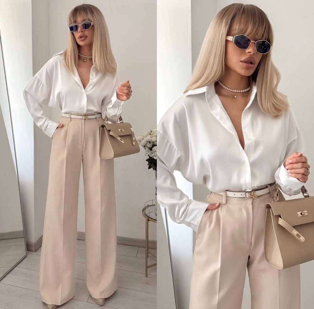 Жіночі базові штани палаццо костюмка Бежевий, 46/48 Одеса - фото 1