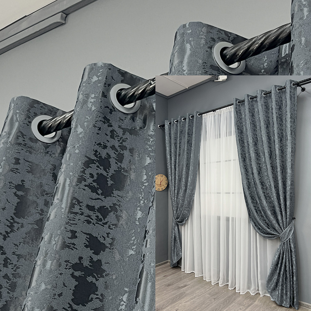 Комплект штор на люверсах VR-Textil Лен мрамор Pavliani ХО № 1262ш Графитовый 150х250 см 2 шт (37-0315) Киев - изображение 1