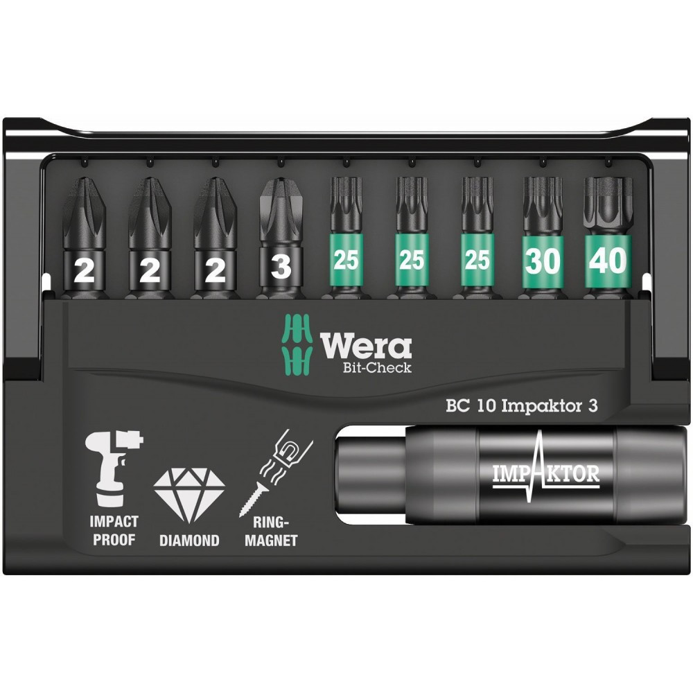 Набор ударных бит PZ,Torx Wera Bit-Check 10 Impaktor 3 с алмазным покрытием 10шт. 05057683001 Одесса - изображение 2