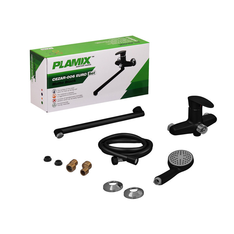 Змішувач для ванни Plamix CEZAR-006 EURO SET Matte black, зі шлангом, лійкою та кронштейном  ( PM0690 ) 34517 Харків - фото 6