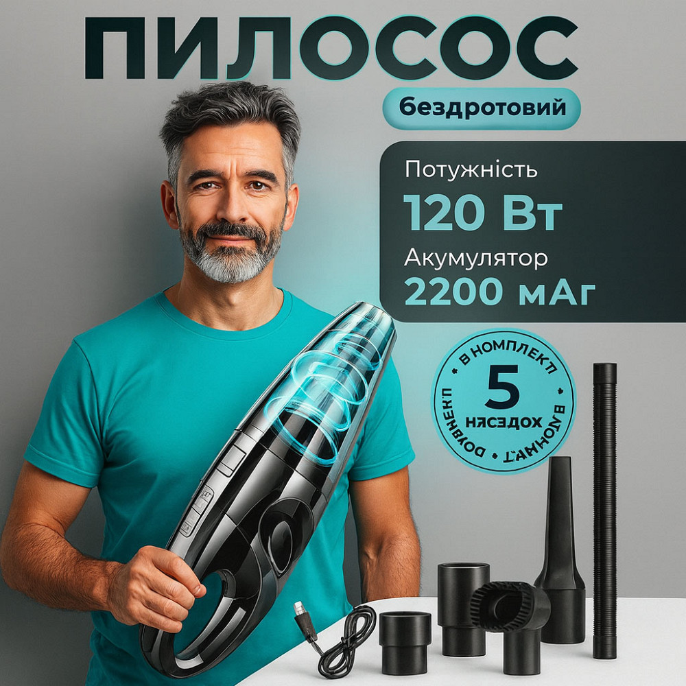 Мощный беспроводной пылесос автомобильный для сухой и влажной уборки в машине и дома +5 насадок JN-50 Львов - изображение 1