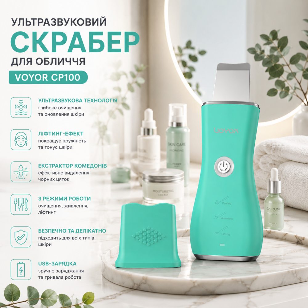 Ультразвуковий скрабер для обличчя VOYOR CP100, апарат для глибокого очищення та ліфтингу шкіри, екстрактор комедонів (зелений) Київ - фото 7