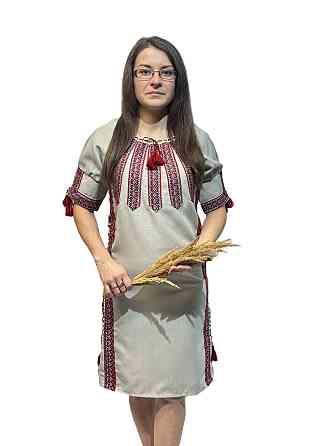 Жіноча вишита традиційна сукня в кольорі беж з регулюючою шнурівкою по боках Київ