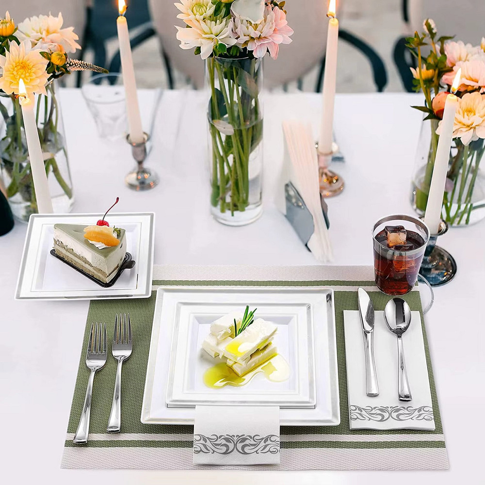 Набор тарелок пластиковых 12 шт,десертные 16.5 см и обеденные 24 см,квадратные с серебристым контуром Каменец-Подольский - изображение 8