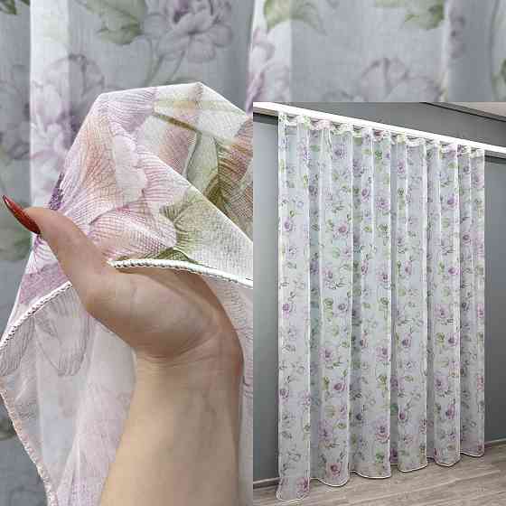 Тюль VR-Textil 1367т Flora Батист Білий з бузковий та салатовим 300х250 см (42-1057) Київ