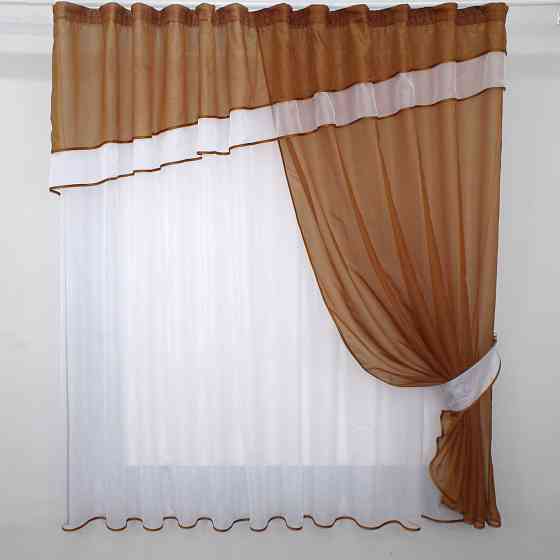 Кухонная занавеска VR-Textil № 018к штора и тюль с ламбрекеном коричневый с белым 280х170 см (50-148) Киев