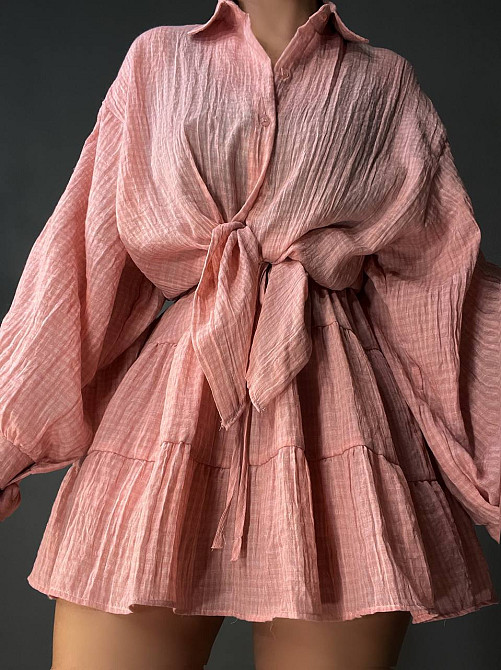 Костюм жіночий Xingyue 318-3 мусліновий у клітинку сорочка оверсайз і спідниця-шорти, рожевий, one size Київ - фото 2