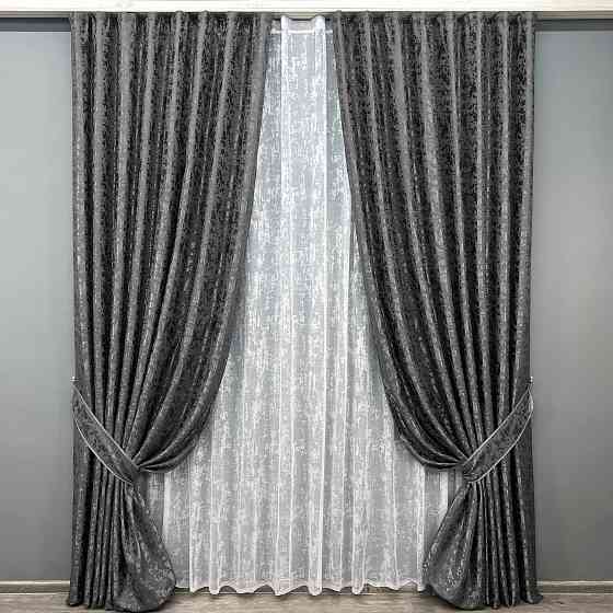 Комплект штор VR-Textil Льон Мармур 100х270 2шт і Тюль 400х270 1267ш-1400т Сіро-коричневий з білим 71-140/2 Київ