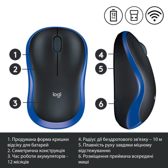 Беспроводная мышь Logitech M185 Blue оптическая компьютерная мышка 1000 DPI с USB нано-приемником для ноутбука и ПК Синяя Киев