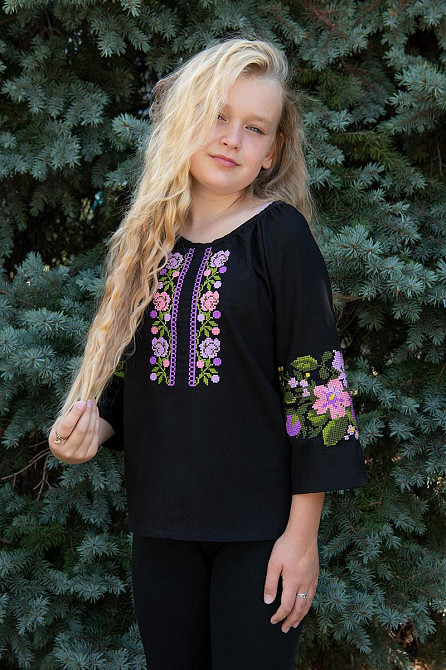 Вишиванка для дівчаток, лляна чорна, топ Київ - фото 1