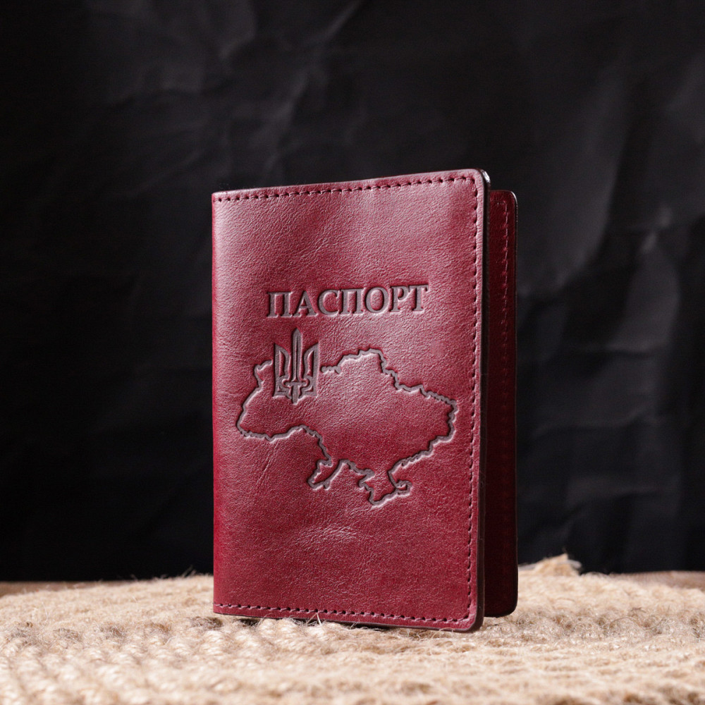 Превосходная кожаная обложка на паспорт Карта GRANDE PELLE 16776 Бордовая Киев - изображение 5