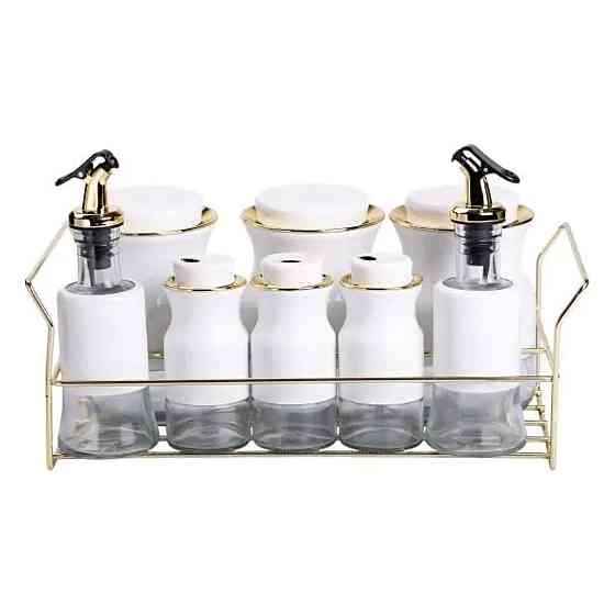 Набір для спецій на підставці з пляшками для олії та оцту 8 предметів Білий HP-1360W Київ