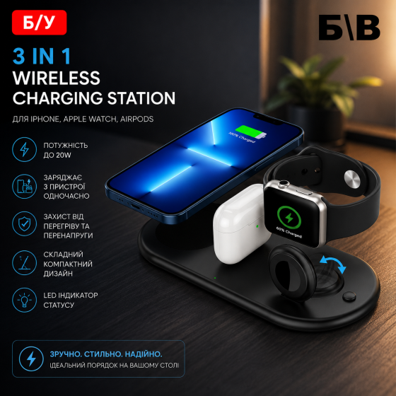 Бездротова зарядна станція 3 в 1 iXular 20W для iPhone, Apple Watch, AirPods Складана док-станція Чорна Б/В Київ