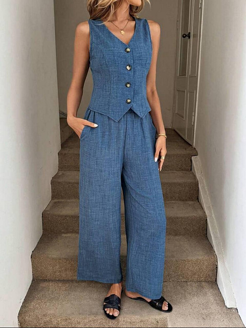 Жіночий базовий брючний костюм-двійка: жилет і штани льон бохо Джинс, 44/46 Одеса - фото 1