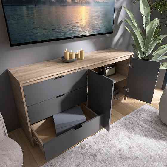 Большой комод с дверями и 3-мя ящиками Эверест Сити-1500 150,2х38х74,6 Дуб сонома/Графит (DTM-071101) Львов