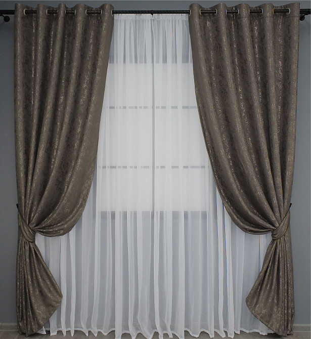Комплект штор на люверсах VR-Textil Лен мрамор Pavliani № 1288ш 150х250 см 2 шт Темное какао (37-0039) Киев - изображение 2