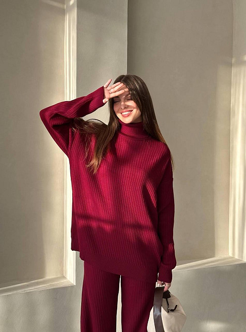 Женский теплый базовый костюм двойка мелкая машинная вязка Бордовый Одесса - изображение 3