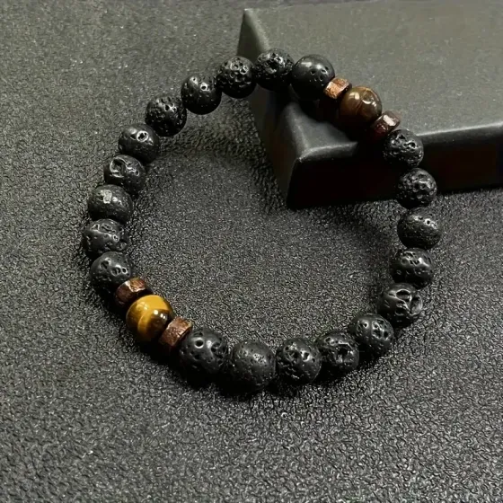 Браслет из лавы и тигрового глаза 8 мм — 19 см (унисекс) Киев