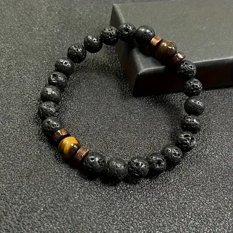 Браслет из лавы и тигрового глаза 8 мм — 19 см (унисекс) Киев - изображение 4