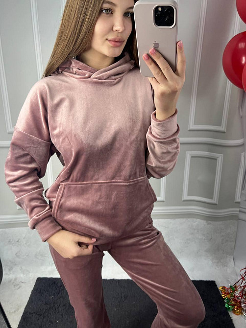 Женский велюровий костюм с капюшоном Пудровый XS Харьков - изображение 6