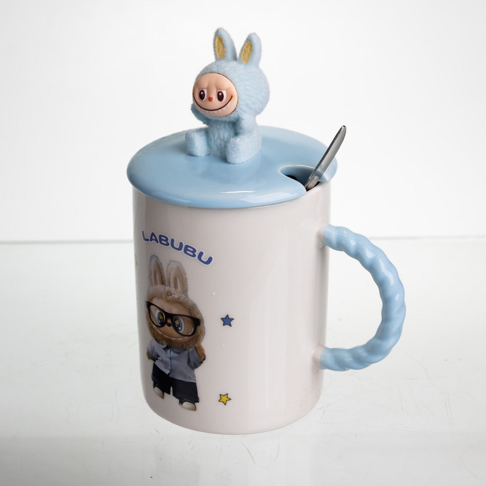 Чашка фарфоровая с крышкой и ложкой Labubu 300 (мл) подарочная кружка прикольная чашка для детей на подарок Голубой FM-35B SBR Киев - изображение 4