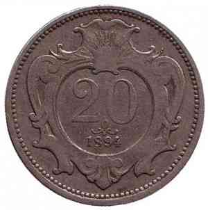 Монета 20 гелерів. 1894 рік, Австро-Угорська імперія. (Г) Полтава