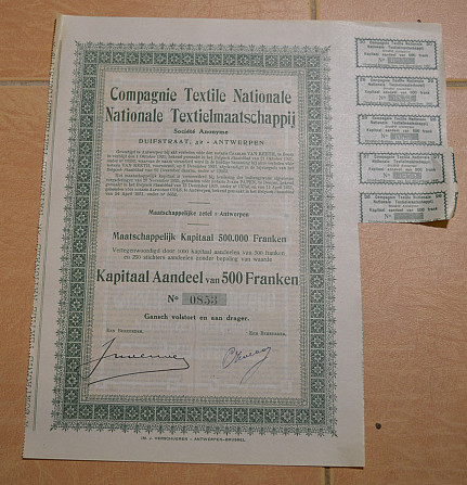 Акция. Compagnie Textile Nationale. Бельгия. 1921 год №0000853 (1.44) Полтава - изображение 1