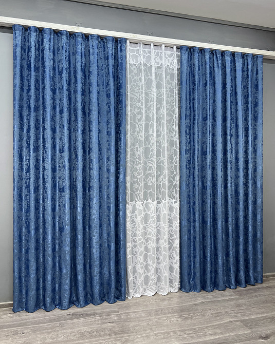 Комплект штор VR-Textil Жакард Мармур 150х270 2шт і Тюль 600х270 1149ш-1529т Синій з білим 71-182/5 Київ - фото 3
