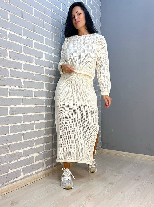Костюм жіночий Mintas 2418-4208 ажурний сітка прозорий довга спідниця розрізи з регланом one size, молочний, one size Київ - фото 19