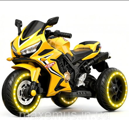 Детский электромотоцикл SPOKO SP518 Желтый с подсветкой колес и музыкой (2 мотора, 6V, для детей 3-6 лет) Мостиска