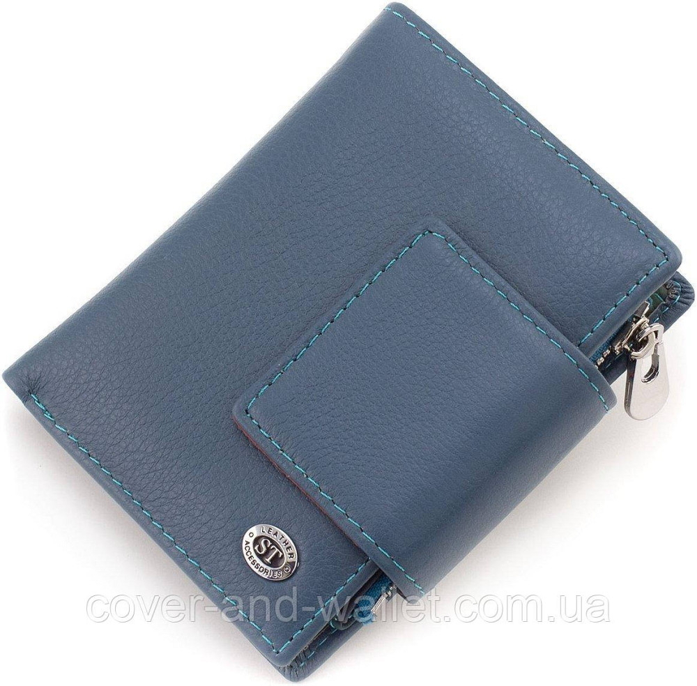 Жіночий гаманець із натуральної шкіри синього кольору з хлястиком на магніті ST Leather Київ - фото 2