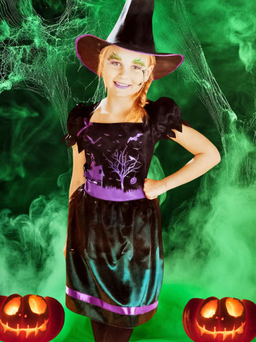 Сукня дитяча Відьма з капелюшком на Хелловін розмір S 4-6 років зелено-фіолетове Київ - фото 1